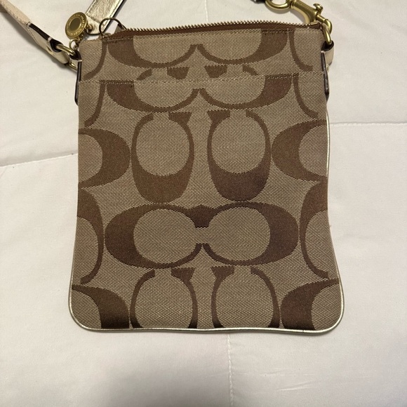 Coach Signature Crossbody Bag Tan Brown Canvas Gold Leather Trim 7.5 x 8.5 Bag - Picture 10 of 10